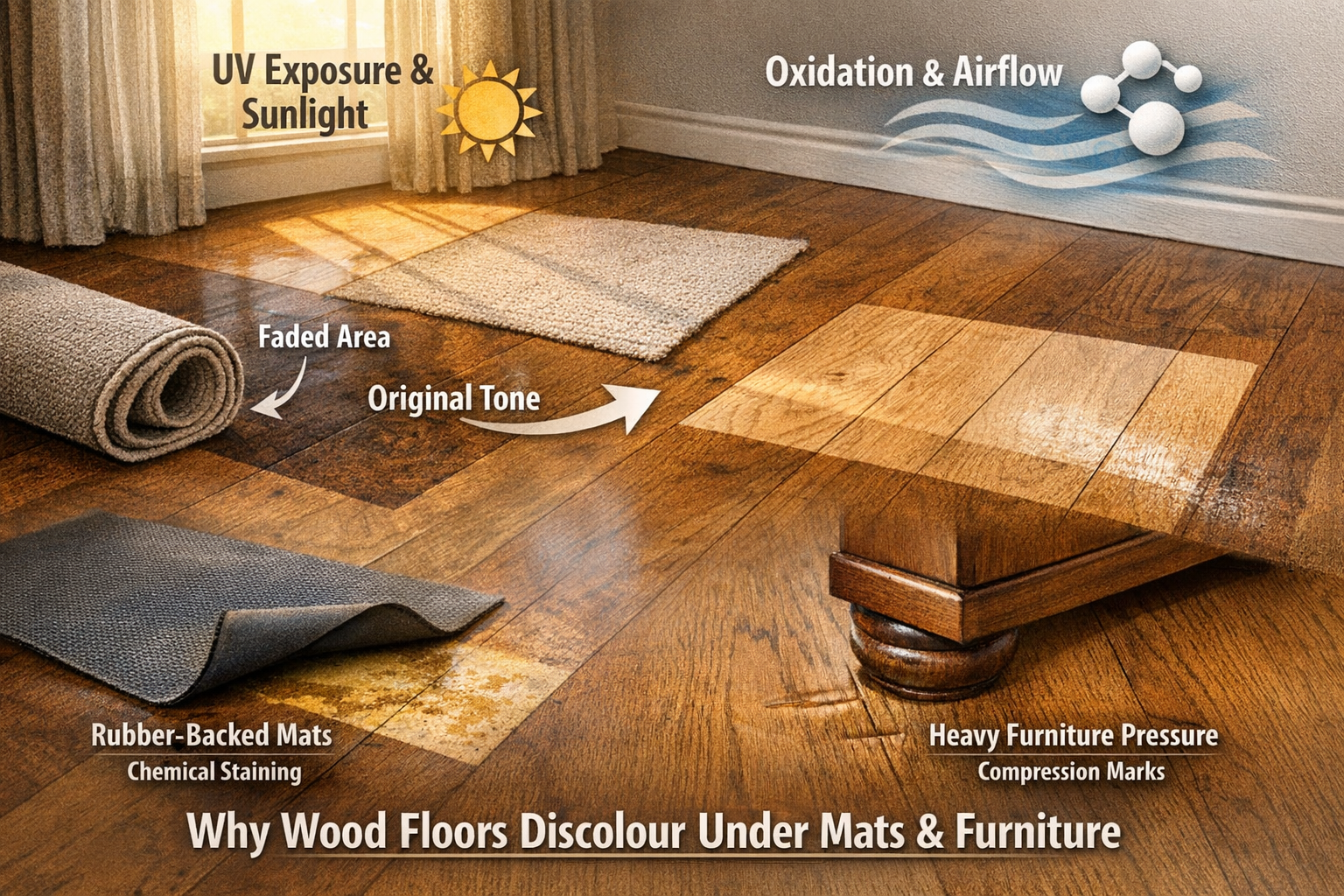 Why Do Wood Floors Discolour Under Mats, Rugs and Furniture